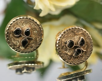 Antique Gold Filled and Black Glass Earrings - Victorian - 14k Screw Backs
