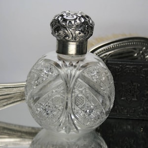 Antique English Cut Crystal and Sterling Silver Perfume Bottle - Faceted Glass - Late 1800&#39;s - Hallmarked
