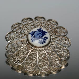 Vintage  Silver and Delft China Brooch