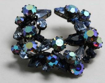 Vintage Silver Tone Metal and Rhinestone Brooch - Shades of Blue - Austria