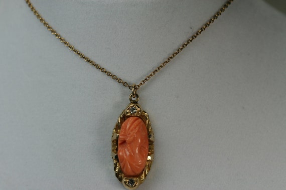 Coral Pendant - 10k YG  Pink Coral Cameo  and Dia… - image 5