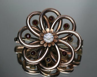 Vintage Rose Gold Colored Flower Shaped Brooch - Garnets