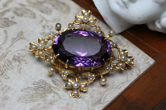 Antique 14k - Amethyst and Seed Pearl Brooch- Lat… - image 1