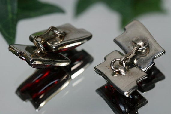 Cufflinks- Vintage Silvertone Metal and Red Glass… - image 3