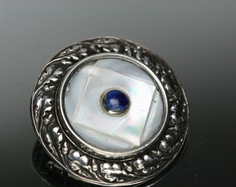 Sterling , Shell and Blue Stone Button Brooch - Antique Sterling Frame