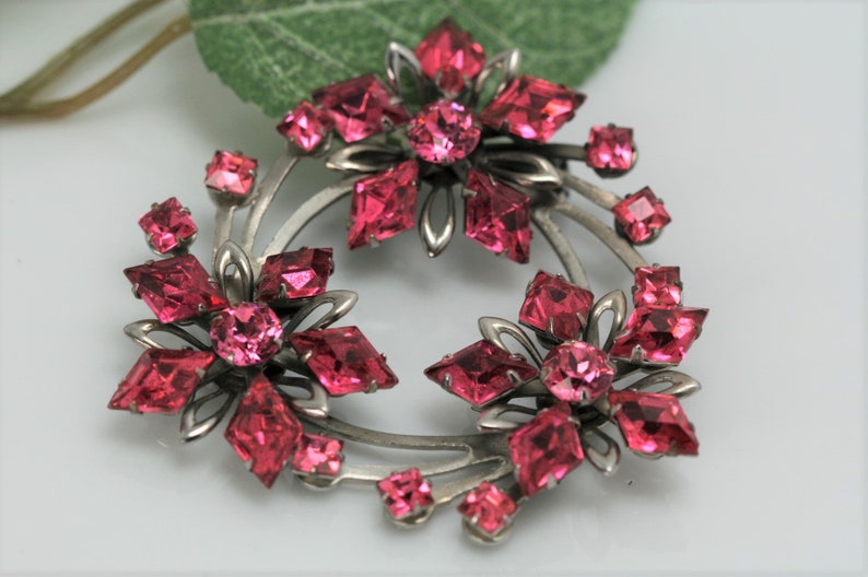 Vintage Silver Tone Metal and Pink Rhinestone Brooch