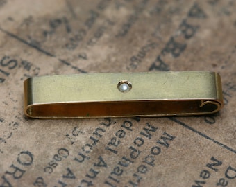 Vintage Scarf or Lingerie Clip - Gold Tone Metal with small Pearl- Engraved