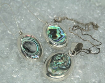 Sterling and Abalone Pendant and Earring Set - Vintage - Mexico