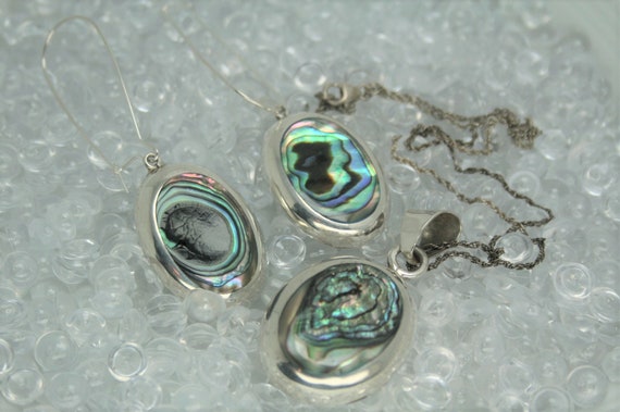 Sterling and Abalone Pendant and Earring Set - Vintage - Mexico