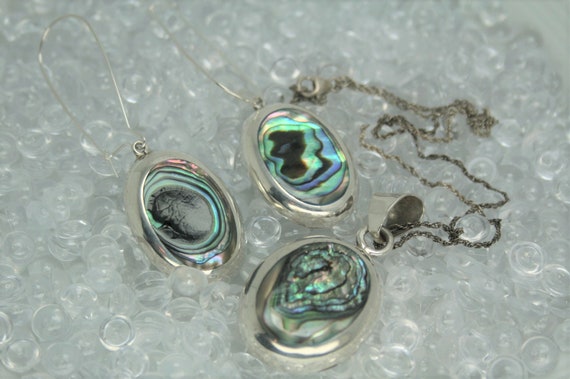 Sterling and Abalone Pendant and Earring Set - Vi… - image 1