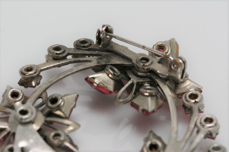 Vintage Silver Tone Metal and Pink Rhinestone Brooch