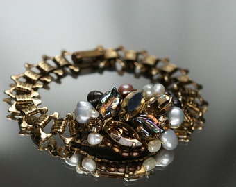 Bracelet -Gold Tone Metal, Rhinestone, FW Pearl and vintage jewelry pieces - OOAK - Hand Made