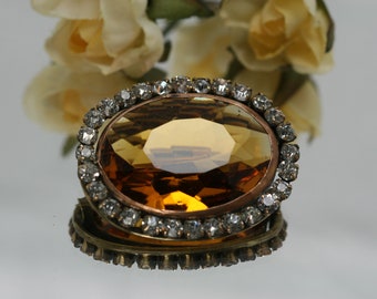 Vintage Rhinestone and Amber Glass Brooch