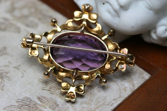 Antique 14k - Amethyst and Seed Pearl Brooch- Lat… - image 4