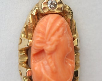 Vintage 10k Yellow Gold Coral Cameo Pendant Necklace with Diamonds