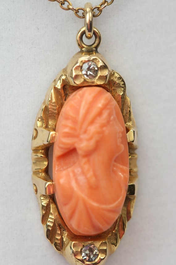 Coral Pendant - 10k YG  Pink Coral Cameo  and Dia… - image 1