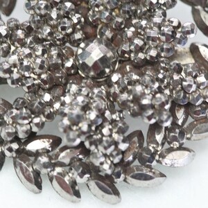 Pu&ograve; includere: Un fermaglio argentato con una pietra centrale sfaccettata a forma di diamante circondata da piccole perle rotonde. Il fermaglio ha la forma di un fiore con foglie fatte delle stesse perle.
