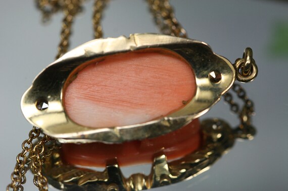 Coral Pendant - 10k YG  Pink Coral Cameo  and Dia… - image 3