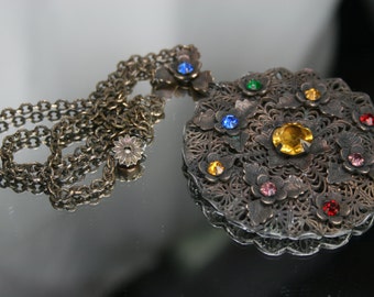 Vintage Brass Filigree Pendant with Multi-Colored Glass Stones- Necklace