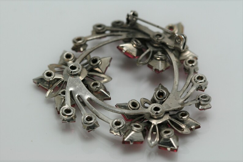 Vintage Silver Tone Metal and Pink Rhinestone Brooch