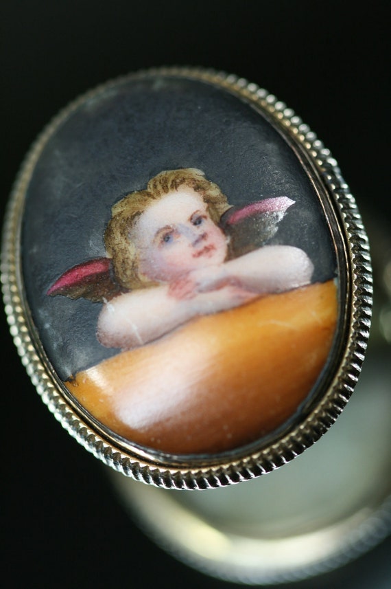 Antique Painted Porcelain Cherub Collar Button Bro