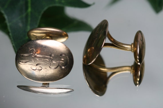 Antique 10k Yellow Gold Bean Back Cufflinks - Eng… - image 1