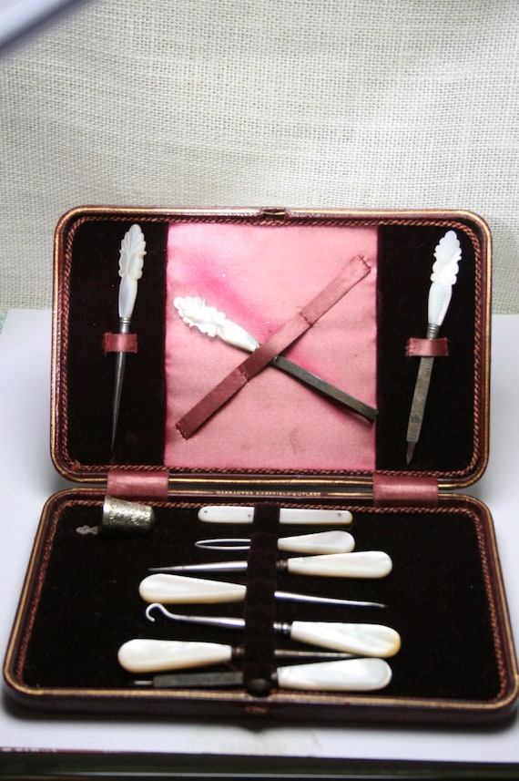 Antique Sewing Travel Kit in Burgundy Case and Vel