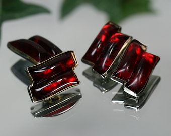 Cufflinks- Vintage Silvertone Metal and Red Glass Cufflinks