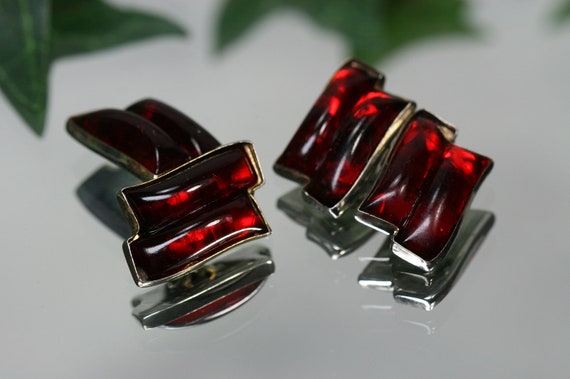 Cufflinks- Vintage Silvertone Metal and Red Glass… - image 1