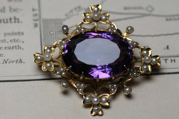 Antique 14k - Amethyst and Seed Pearl Brooch- Lat… - image 2