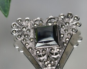 Vintage Sterling Silver Dress Clip: Black Stone & Marcasite