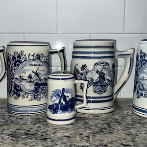 Vintage Delft Blue Heineken Beer Stein Mugs Holland 5.25&quot; Windmill Set of Five