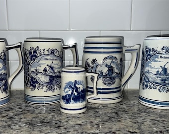 Vintage Delft Blue Heineken Beer Stein Mugs Holland 5.25" Windmill Set of Five