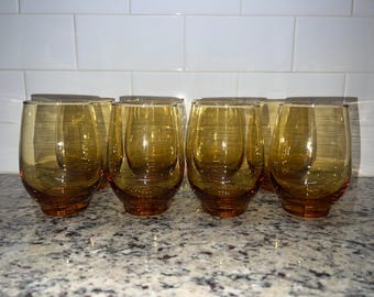 Vintage Libbey Tempo Amber Glass MCM Set of 8 Flat Tumbler 10 Oz Glasses
