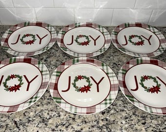 Royal Norfolk Red and Green Plaid Joy 8” Salad / Dessert Plates - Set of 6