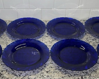 Platos llanos Duralex Bormioli Rocco azul cobalto con diseño en espiral de 23 cm (9 pulgadas), fabricados en Francia - Juego de 8