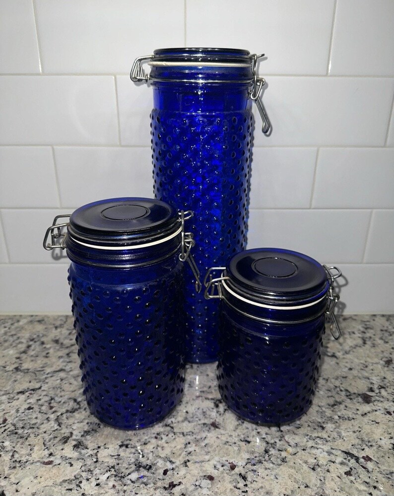 Cobalt Blue Hobnail Glass Canisters With Attached Lids - Set of 3 - Etsy