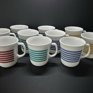 Corelle Corning Ware Rainbow Stripe Rose, Yellow, Blue, Teal Mugs - Set of 10