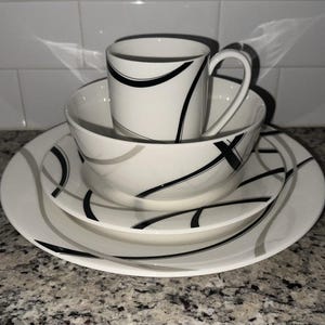 Lenox China Vibe Black and Grey 4 Piece Place Setting - Dinner, Salad, Soup, Mug