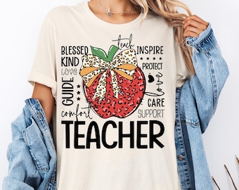 Lehrer-Shirt mit Schleife, T-Shirt zum Schulanfang, Lehrer-Shirt mit Apfelschleife, T-Shirt zur Wertschätzung von Lehrern, Lehrer-Shirt mit Leopardenmotiv