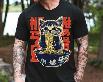 Cat Eating Ramen Shirt, Noodle Lover Shirt, Cat Mom Shirt, Cat Lovers Tee, Retro Cat Tees, Cat Lover Shirt, Cat Eating Noodle