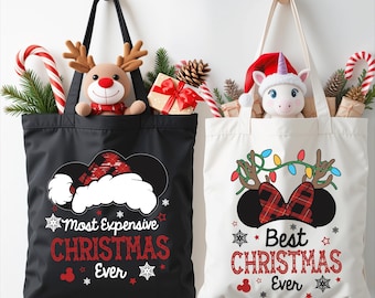 Bolsa de regalo navideña, bolsa de lona navideña de Disney, bolso de hombro con luces navideñas de Mickey y Minnie, bolsa de mano navideña para parejas de DisneyWorld