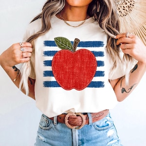 Koszula nauczycielska z imitacją patchworku Apple, odzież na powrót do szkoły, koszulka do klasy, bluza z kapturem na pierwszy dzień, bluza w szkole podstawowej, zabawna koszulka nauczycielska