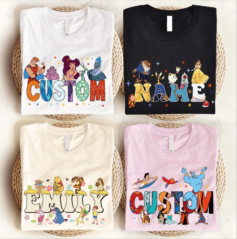 four t-shirts with personalized names and characters printed on them.