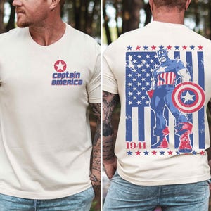 a man wearing a captain america t - shirt