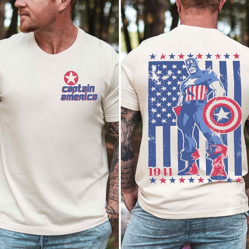 a man wearing a captain america t - shirt
