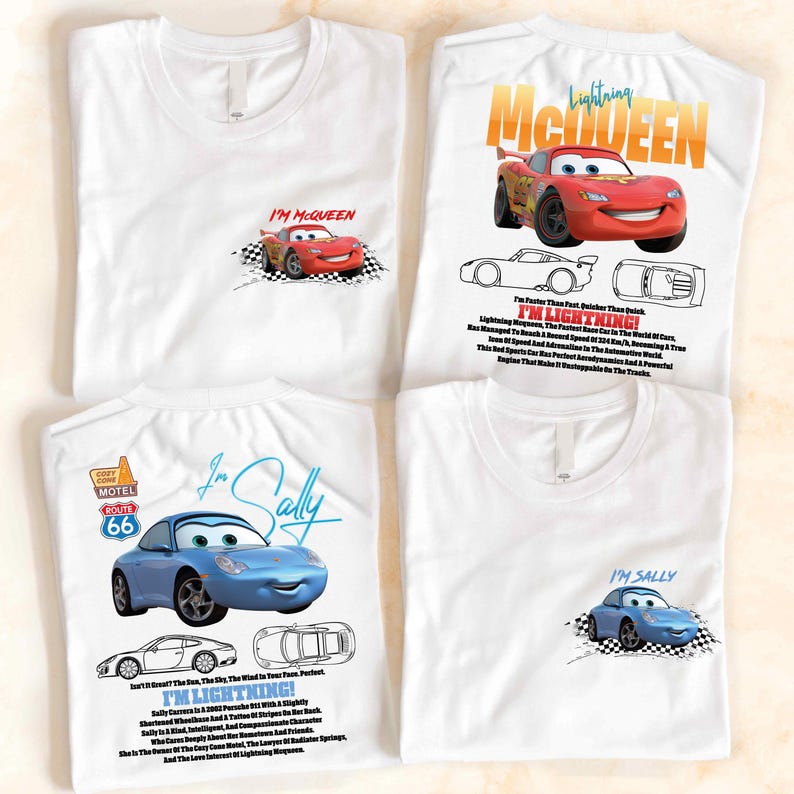 three t - shirts with cars on them on a table