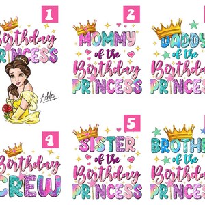 a set of princess birthday stickers with the names of each princess