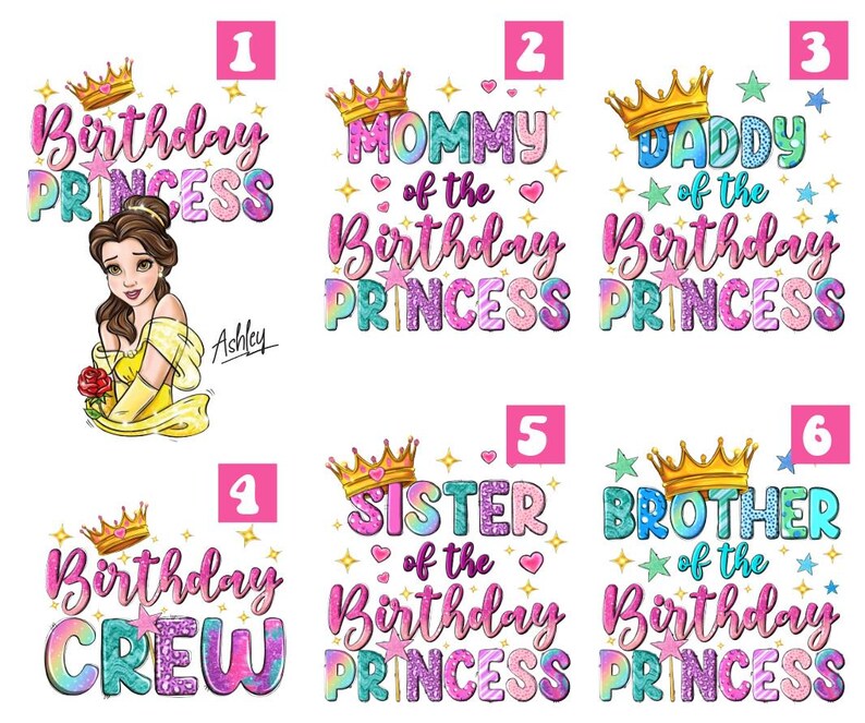 a set of princess birthday stickers with the names of each princess