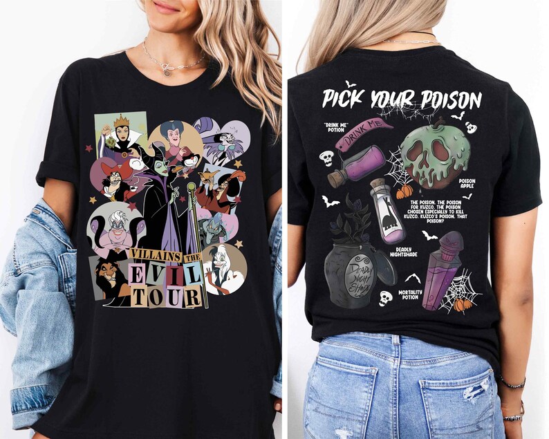 a woman wearing a black t - shirt with a picture of the characters on it